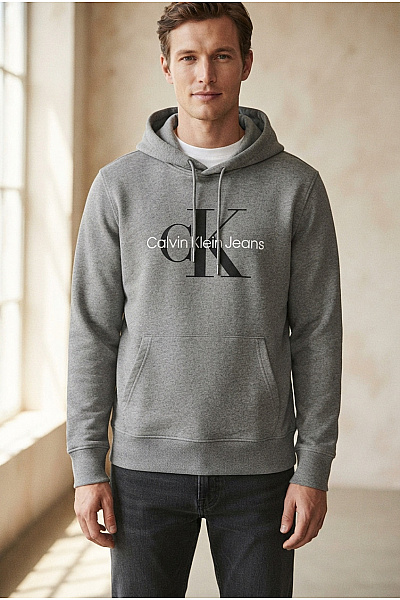 Calvin Klein Šedá Bavlněná Pánská Mikina S Kapucí A Potiskem Velikost L