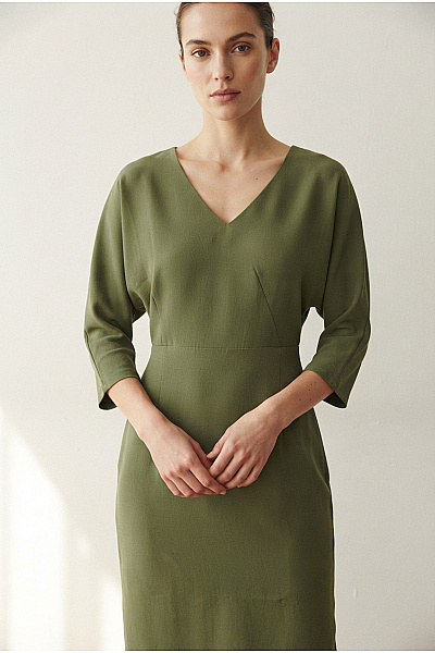 MOE Khaki Pouzdrové šaty S Kimono Rukávem Elegantní Minimalistické Vel. S