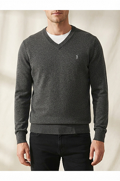 POLO CLUB Šedý Pánský Pletený Pulovr S Výstřihem Do V Basic Vel. S