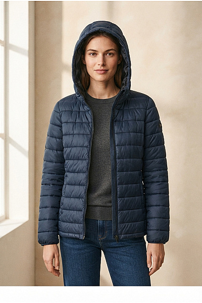 Pepe Jeans Dámská Modrá Prošívaná Bunda S Kapucí Se Zipem Velikost L