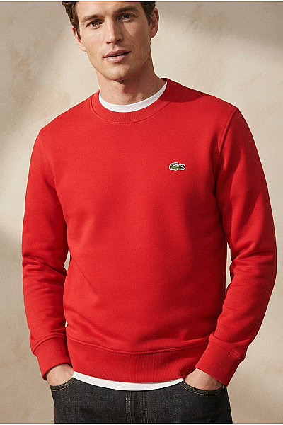 LACOSTE Pánská červená Bavlněná Mikina Crewneck Bez Potisku Velikost US M