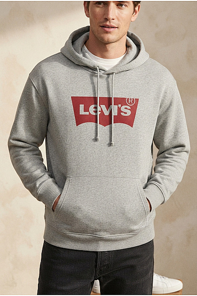 LEVIS Pánská šedá Bavlněná Mikina S Kapucí A Potiskem Velikost M