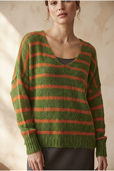LACONY Dámský Pruhovaný Pletený Pulovr S Výstřihem Do V Vel. XXL