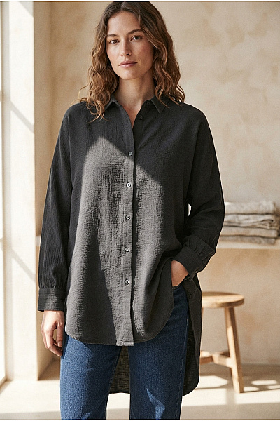 ITALY Dámská černá Košile Oversized Dlouhá Asymetrická Ležérní Vel. XXL