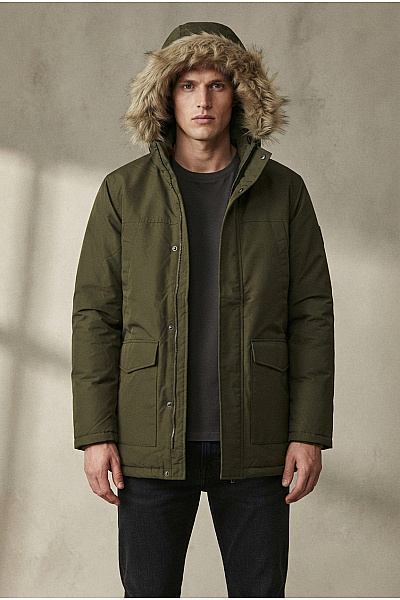JACK & JONES Pánská Khaki Parka S Kapucí A Kožíškem Zimní Vel. XL