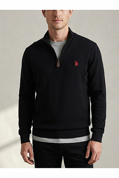 U.S.POLO ASSN. Černý Pánský Pletený Pulovr Se Stojáčkem Na Zip Velikost US L