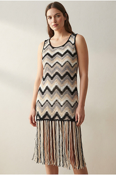 DESIGUAL Barevné Pletené Boho šaty S Třásněmi Vel. XL