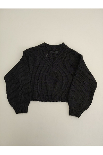 VERO MODA Černý crop pulovr s výstřihem do V a balonovými rukávy Vel. S | VERO MODA | obrázek 2