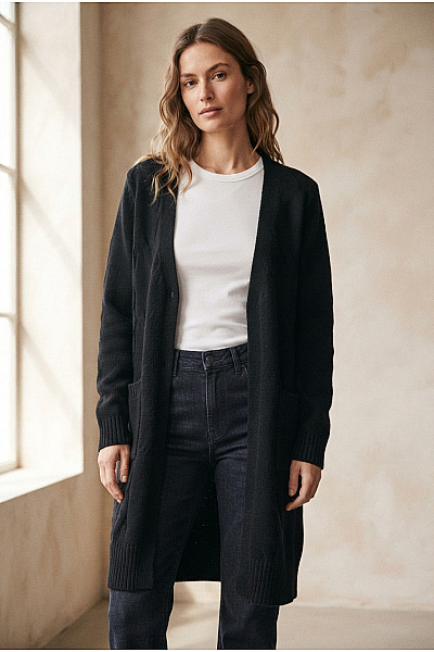 Josefine Černý Kašmírový Kardigan Dlouhý Pletený Basic Velikost XL