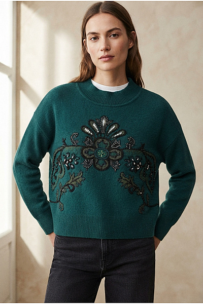 DESIGUAL Zelený Pletený Pulovr Se Stojáčkem A Vzorem Velikost IT XL
