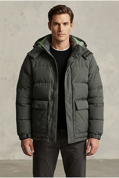 POLO CLUB Pánská Khaki Prošívaná Zimní Bunda S Kapucí Puffer Velikost XL