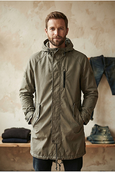 Camel Active Pánská Bavlněná Parka Khaki S Kapucí Přechodová Vel. EU 56