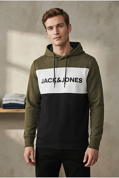 JACK & JONES Pánská Khaki Mikina S Kapucí Přes Hlavu Potiskem Vel. EU L