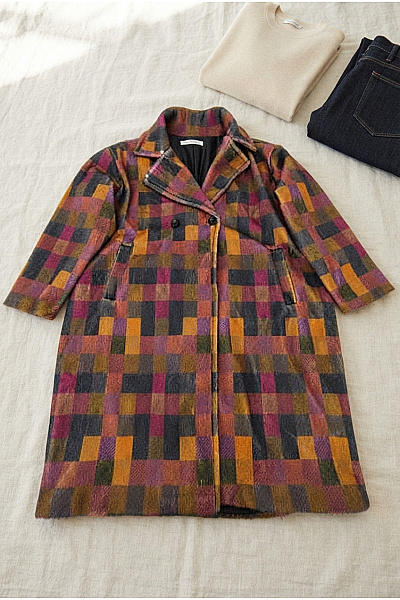 AM Shoe Company Barevný Vlněný Kostkovaný Kabát Vintage Oversized Velikost XXL