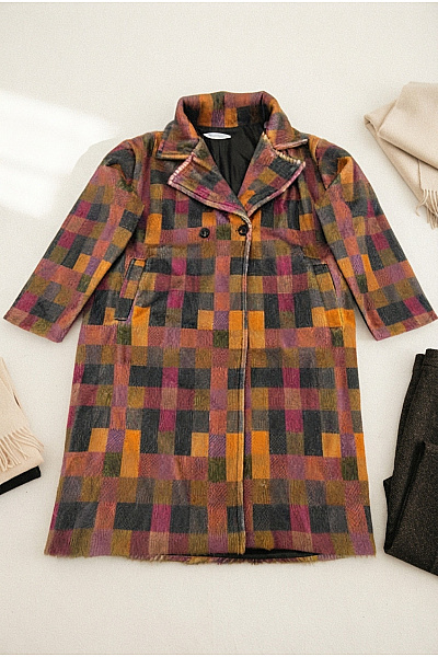Barevný Vlněný Kostkovaný Dvouřadý Kabát Vintage