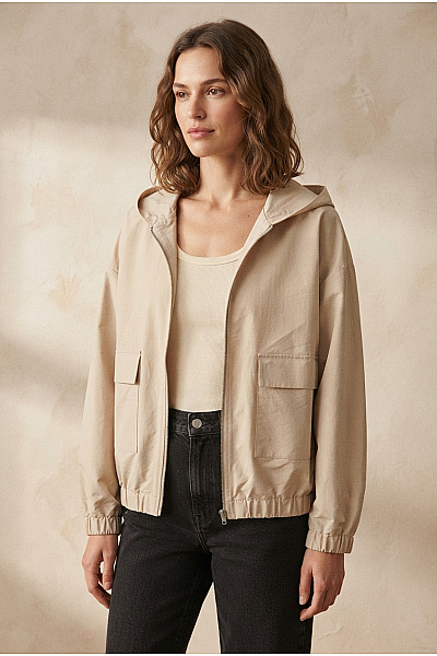 OPUS Béžová Bavlněná Mikina Na Zip S Kapucí Oversized Velikost EU 40
