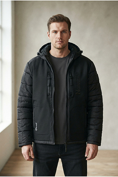 Geographical Norway Černá Pánská Zimní Prošívaná Bunda S Kapucí Se Zipem Vel. XXL