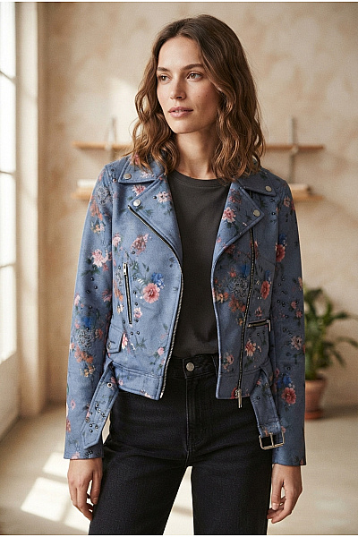 DESIGUAL Modrá Květovaná Bunda Křivák S Páskem Jarní Vel. IT 42
