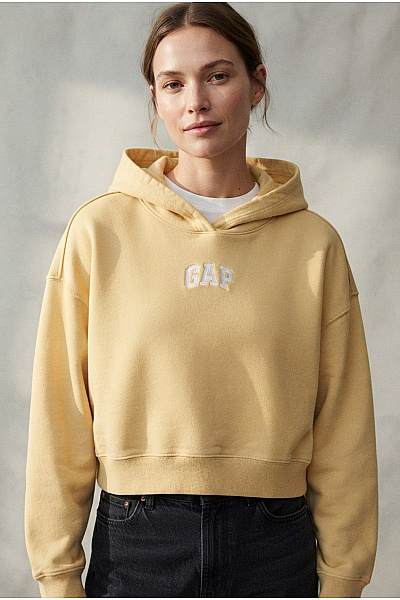 Gap Béžová Bavlněná Crop Mikina S Kapucí A Výšivkou Velikost US M