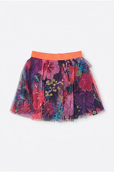 DESIGUAL Dívčí Barevná Květovaná Tylová Sukně S Neonovým Pasem Velikost EU 98/104
