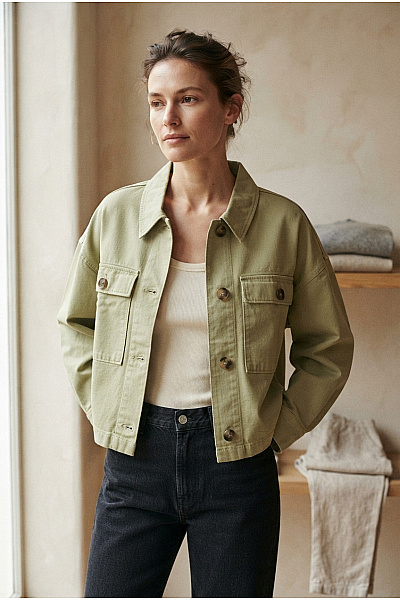 OPUS Dámská Bavlněná Košilová Bunda Khaki Oversize Vel. EU 40