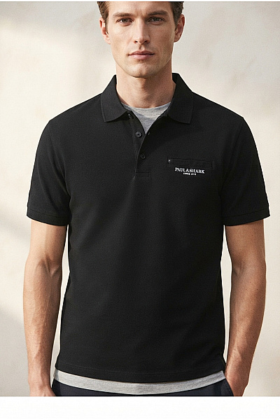 Paul&shark Černé Bavlněné Polo Tričko S Krátkým Rukávem, Límečkem, Kapsou A Zipem