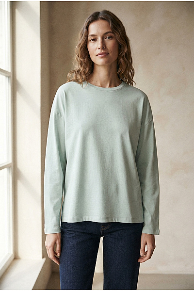 RÖSCH Dámské Bavlněné Tričko S Dlouhým Rukávem Zelené Basic Oversize Velikost DE 38