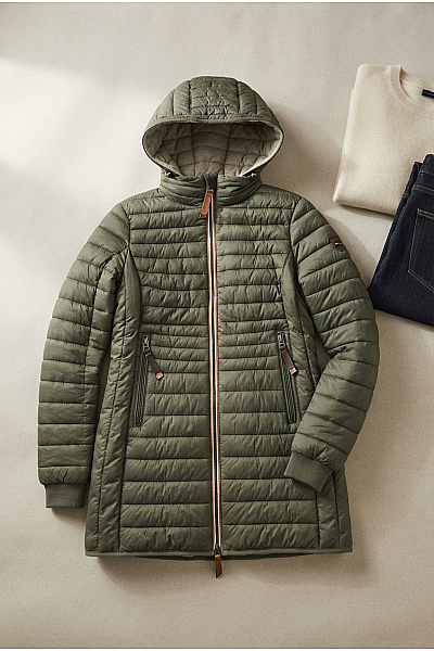 Camel Active Dámská Prošívaná Khaki Bunda S Kapucí A Zipem Velikost EU 36