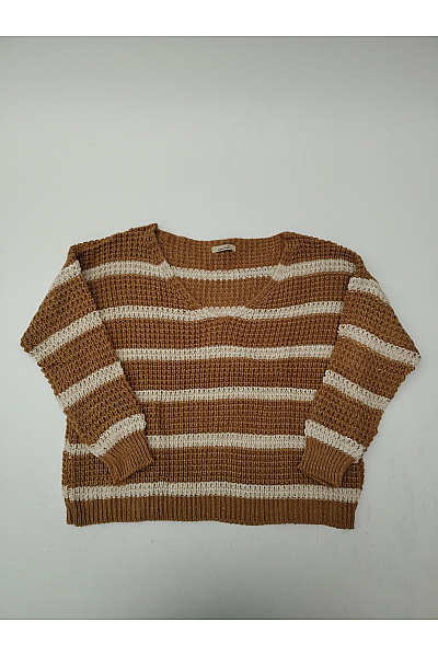 MADE IN ITALY Hnědý pruhovaný pletený pulovr s výstřihem do V Vel. XXL | MADE IN ITALY | obrázek 2