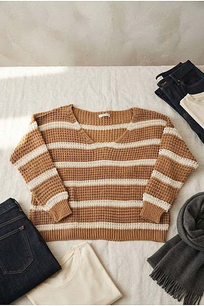 MADE IN ITALY Hnědý Pruhovaný Pletený Pulovr S Výstřihem Do V Vel. XXL