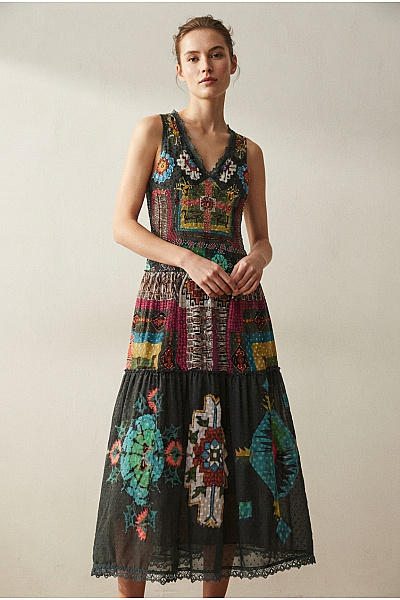 DESIGUAL Barevné Maxi Boho šaty Bez Rukávů S Výšivkou Vel. EU 40
