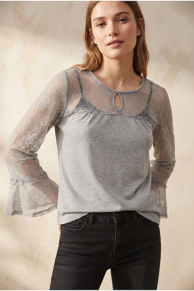 DESIGUAL Šedá Krajková Halenka S Dlouhými Zvonovými Rukávy Vel. EU XS