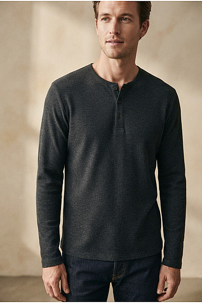 JACK & JONES Pánské Bavlněné Tričko S Dlouhým Rukávem A Knoflíky Henley černé Vel. EU L