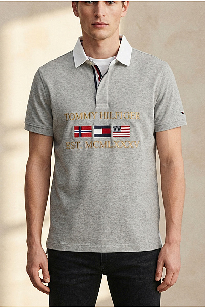 TOMMY HILFIGER Šedé Bavlněné Polo Tričko S Krátkým Rukávem Výšivkou A Nápisem Vel. S