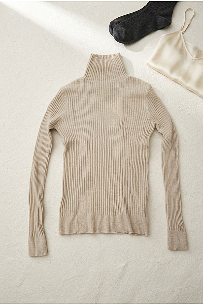 Cashmere Béžový žebrovaný Rolák Basic Velikost XS