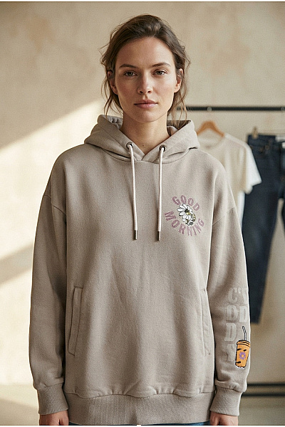 Sublevel Béžová Bavlněná Oversized Mikina S Kapucí A Potiskem Vel. XL
