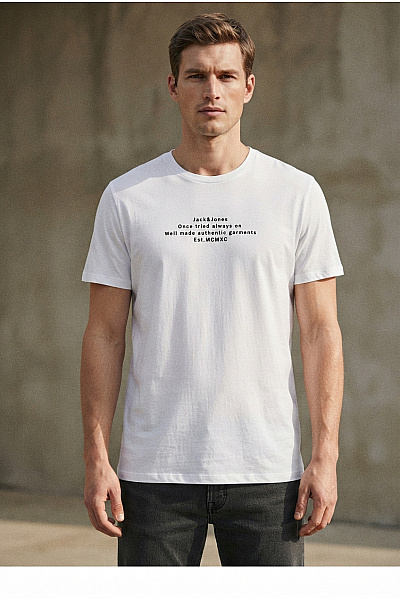 JACK & JONES Bílé Bavlněné Pánské Tričko S Krátkým Rukávem A Nápisem Velikost XL