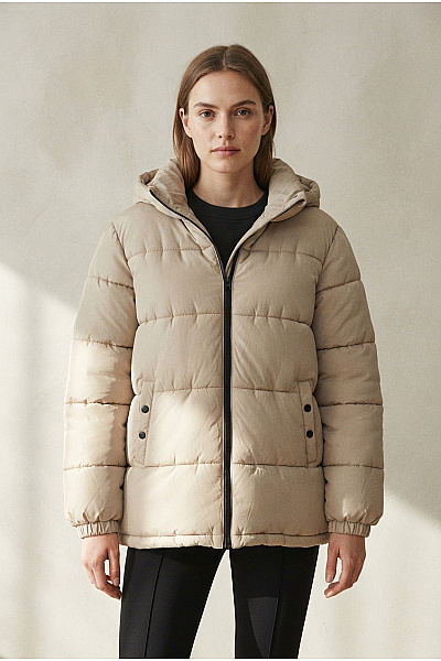 JDY Béžová Prošívaná Puffer Bunda S Kapucí Vel. XL