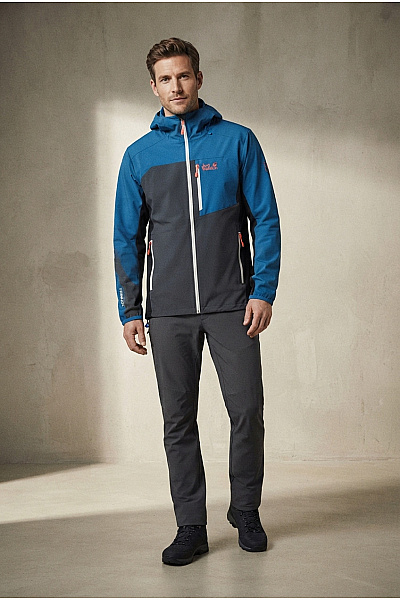 Jack Wolfskin Pánská Modrá Sportovní Softshellová Bunda S Kapucí Na Turistiku Velikost EU M