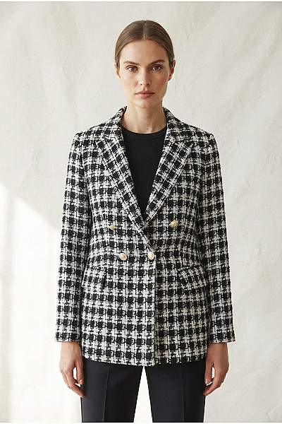 LIFE STYLE Černobílé Kostkované Dvouřadé Sako Elegantní Business Vel. M