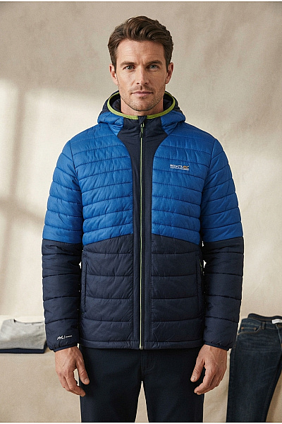 Une Hautre Couture Modrá Pánská Prošívaná Sportovní Bunda S Kapucí Na Zip Vel. XL