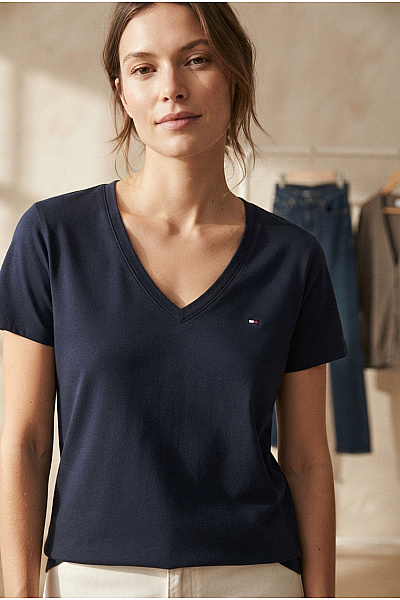 TOMMY HILFIGER Dámské Bavlněné Tričko S Krátkým Rukávem A Výstřihem Do V Vel. XL