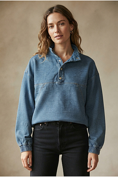 Dámské Modré Bavlněné Tričko S Dlouhým Rukávem Henley Oversized Vel. EU 36
