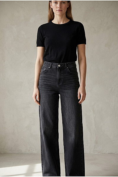 PIECES Dámské černé Bavlněné Džíny Wide Leg S Vysokým Pasem Vel. W26 L32