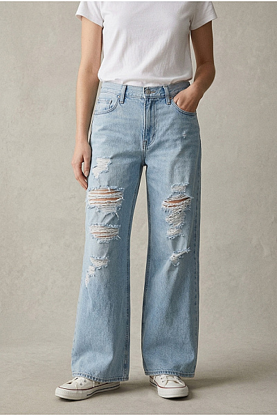 LEVIS Dámské Modré Bavlněné Džíny S Vysokým Pasem A Dírami Wide Leg Velikost US 28