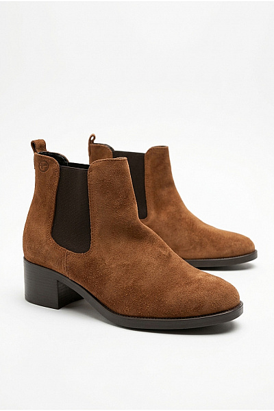 TAMARIS Dámské Hnědé Semišové Kotníkové Chelsea Boty Na Podpatku Vel. EU 39