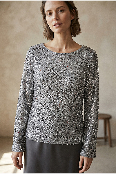 VERO MODA Stříbrná Dámská Halenka S Flitry A Dlouhým Rukávem Na Večírek Velikost EU XS