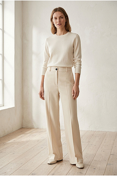 PULL&BEAR Dámské Béžové Elegantní Kalhoty S Vysokým Pasem A Puky Vel. EU 44