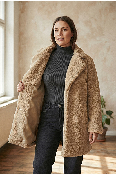 URBAN CLASSICS Béžový Dámský Teddy Kabát Oversized Vel. XL