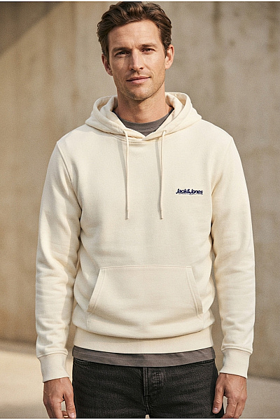 JACK & JONES Pánská Béžová Bavlněná Mikina S Kapucí A Klokaní Kapsou Vel. EU M